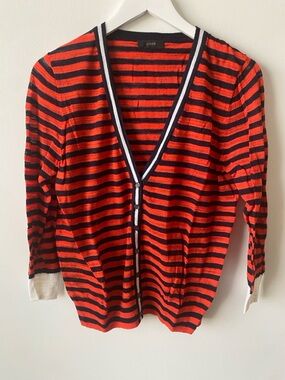 J. Crew Red and Black Striped V-Neck Cardigan with Contrast Trim
